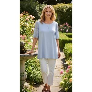 NWT Anne Klein‎ Women's 2XL Blue Lace Accent Short Sleeve Blouse Top